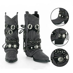 Tuhoomall Western Cowboy Boots for Women, Mid-Calf Pointed Toe, Chunky Heel Slip-On, Stylish Faux Suede with Hardware Accents, Ideal for All Seasons Tuhoomall