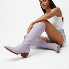 Tuhoomall Western Knee-High Boots, Embroidered Design, Comfortable Rubber Sole, Perfect for Fashion and Travel