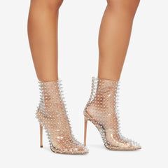 Tuhoomall Elegant Pointed Toe Short Ankle Boots with Zipper, Studs for Party and Runway, 12cm High Heel, All-Season Fashion Footwear