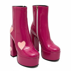 Tuhoomall Chunky Heeled Ankle Boots for Women, Heart Pattern, Zipper Closure, All-Season Fashion, Perfect for Parties and Travel