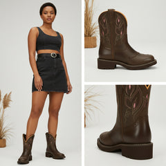 Tuhoomall Western Cowboy Ankle Boots for Women, Floral Embroidery Low Heel Short Booties, Fashion Casual Everyday Wear