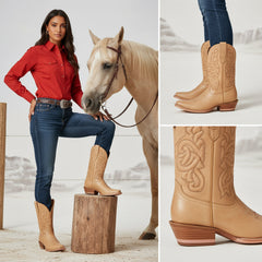 Tuhoomall Western Embroidered Mid Calf Boots with Chunky Heel for Vintage Casual Style Tuhoomall