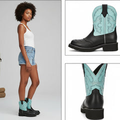 Tuhoomall Western Cowboy Ankle Boots for Women, Floral Embroidery Low Heel Short Booties, Fashion Casual Everyday Wear