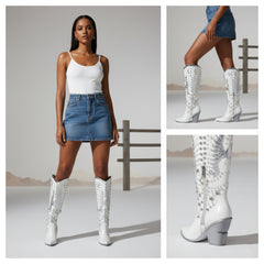 Tuhoomall Pointed-Toe Mid Calf Boots With Rhinestones For Fashion Parties | Chunky Heel, PU Upper, All-Season Style