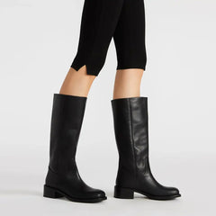 Tuhoomall Fashion Casual Boots for Women, Mid-Calf Length, Solid Color, Round Toe, Chunky Heel, Slip-On, Ideal for Work and Leisure, 5.4cm Block Heels