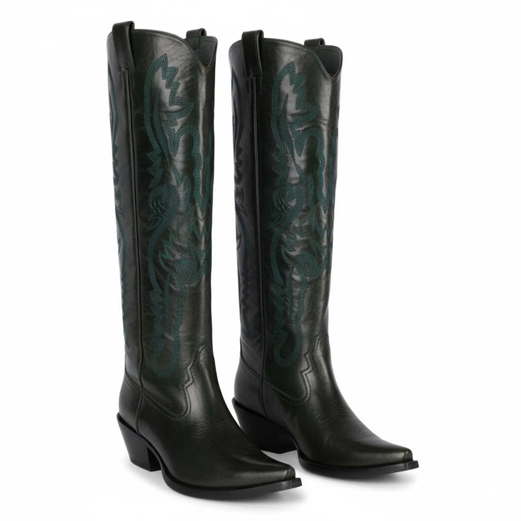 Tuhoomall Western Style Floral Embroidery Knee High Boots for Work - 5.6 cm Chunky Heel, Rubber Sole, Slip-On Design, Classic Fashion وترتیب Tuhoomall