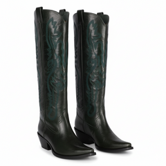 Tuhoomall Western Style Floral Embroidery Knee High Boots for Work - 5.6 cm Chunky Heel, Rubber Sole, Slip-On Design, Classic Fashion وترتیب