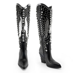 Tuhoomall Pointed-Toe Mid Calf Boots With Rhinestones For Fashion Parties | Chunky Heel, PU Upper, All-Season Style