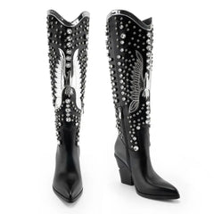 Tuhoomall Pointed-Toe Mid Calf Boots With Rhinestones For Fashion Parties | Chunky Heel, PU Upper, All-Season Style Tuhoomall