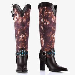 Tuhoomall Western Cowboy Knee High Boots for Women with Studs and Metal Buckle, Chunky Heel for Casual, Theme Parties and Performances Tuhoomall