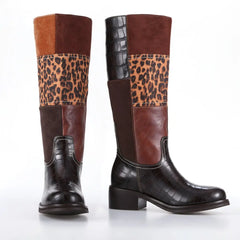 Tuhoomall Stylish Mid-Calf Boots for Parties and Evenings, Round Toe, Low Chunky Heel, Chic Patchwork Design with Snake, Crocodile, Leopard Print Tuhoomall