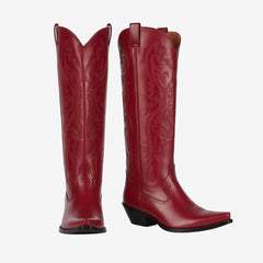 Tuhoomall Western Style Floral Embroidery Knee High Boots for Work - 5.6 cm Chunky Heel, Rubber Sole, Slip-On Design, Classic Fashion وترتیب