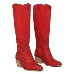 Tuhoomall Rhinestone Pointed Toe Western Knee High Boots for Women - Stylish 2.75 Inch Chunky Heel, Zipper Closure, Luxe Faux Suede for Casual and Performance Wear Tuhoomall