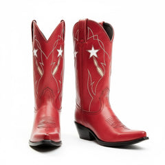 Tuhoomall Western Mid Calf Boots For Women, Snip Toe, Chunky Heel, Embroidered Star Pattern, Slip-On Design, Casual Retro Style Tuhoomall