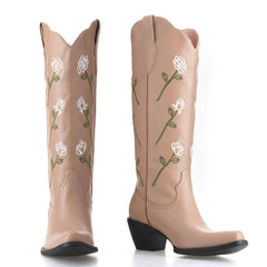 Tuhoomall Western Floral Embroidery Chunky Heel Slip-On Mid Calf Boots for Women, Comfortable Rubber Sole, All-Season Fashion, Durable and Stylish Tuhoomall