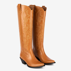 Tuhoomall Western Style Floral Embroidery Knee High Boots for Work - 5.6 cm Chunky Heel, Rubber Sole, Slip-On Design, Classic Fashion وترتیب