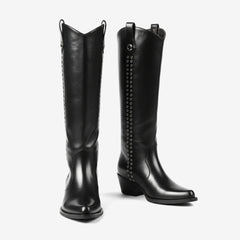 Tuhoomall Western Style Knee-High Fashion Boots with Studded Design, Comfortable Slip-On Chunky Heel for Parties and Casual Wear