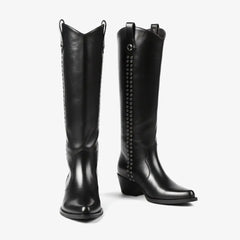 Tuhoomall Western Style Knee-High Fashion Boots with Studded Design, Comfortable Slip-On Chunky Heel for Parties and Casual Wear Tuhoomall