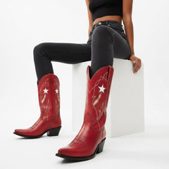 Tuhoomall Western Mid Calf Boots For Women, Snip Toe, Chunky Heel, Embroidered Star Pattern, Slip-On Design, Casual Retro Style