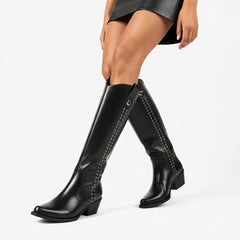 Tuhoomall Western Style Knee-High Fashion Boots with Studded Design, Comfortable Slip-On Chunky Heel for Parties and Casual Wear