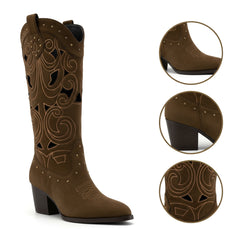 Tuhoomall Stylish Western Cowboy Boots with Floral Embroidery, Chunky Heel, Slip-On Design, Breathable Hollow for Casual and Dressy Occasions