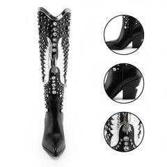 Tuhoomall Pointed-Toe Mid Calf Boots With Rhinestones For Fashion Parties | Chunky Heel, PU Upper, All-Season Style