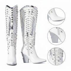 Tuhoomall Pointed-Toe Mid Calf Boots With Rhinestones For Fashion Parties | Chunky Heel, PU Upper, All-Season Style