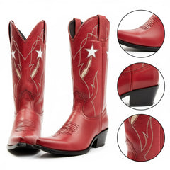 Tuhoomall Western Mid Calf Boots For Women, Snip Toe, Chunky Heel, Embroidered Star Pattern, Slip-On Design, Casual Retro Style Tuhoomall