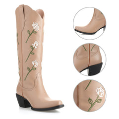 Tuhoomall Western Floral Embroidery Chunky Heel Slip-On Mid Calf Boots for Women, Comfortable Rubber Sole, All-Season Fashion, Durable and Stylish