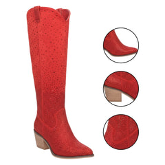 Tuhoomall Rhinestone Pointed Toe Western Knee High Boots for Women - Stylish 2.75 Inch Chunky Heel, Zipper Closure, Luxe Faux Suede for Casual and Performance Wear Tuhoomall