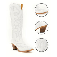 Tuhoomall Western Chunky Heel Mid Calf Boots, Embroidered Slip-On Stylish Footwear for Fashion Events and Casual Outings