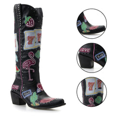Tuhoomall Western Embroidered Cowgirl Boots for Women - Chunky 5.1 cm Heel, Slip-On, Versatile Casual Party Footwear