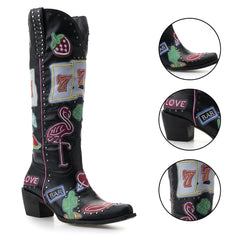 Tuhoomall Western Embroidered Cowgirl Boots for Women - Chunky 5.1 cm Heel, Slip-On, Versatile Casual Party Footwear Tuhoomall