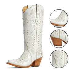 Tuhoomall Western Mid-Calf Boots For Women, 6cm Chunky Heel, Pearl And Embroidery Detail, Stylish Slip-On Design For All Occasions Tuhoomall