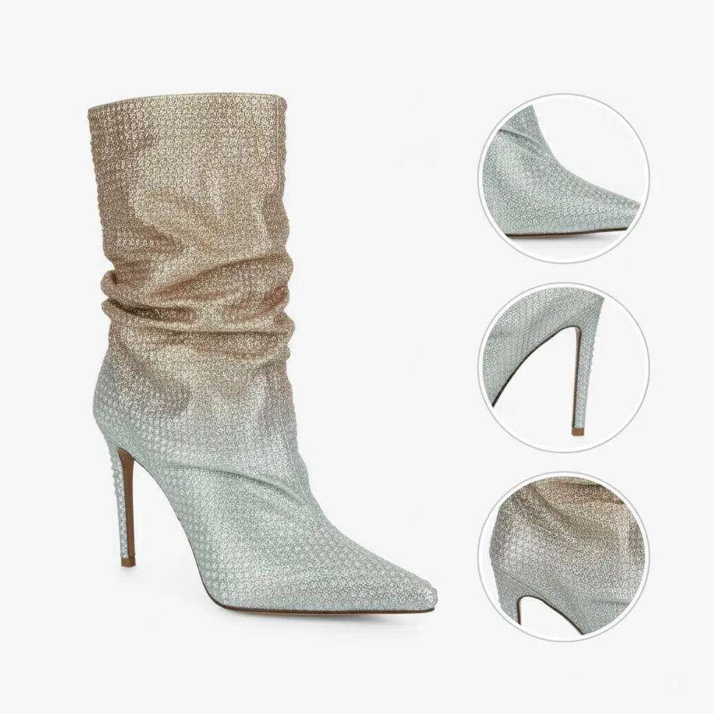 Tuhoomall Fashionable Women's Short Boots with Pointed Toe and Shiny Rhinestones for Parties and Performances - High Heels Design, Trendy Look Tuhoomall