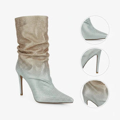 Tuhoomall Fashionable Women's Short Boots with Pointed Toe and Shiny Rhinestones for Parties and Performances - High Heels Design, Trendy Look Tuhoomall