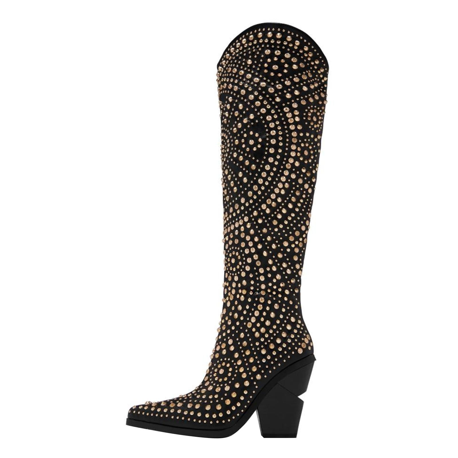 Tuhoomall Western Style Mid Calf Cowboy Boots with Chunky Heel, Pointed Toe, Zipper Closure, Studded Design, Vegan Leather, Ideal for Spring, Fall & Winter