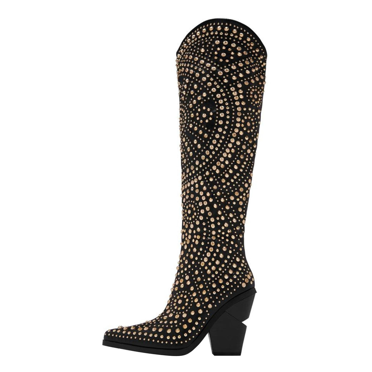 Tuhoomall Western Style Mid Calf Cowboy Boots with Chunky Heel, Pointed Toe, Zipper Closure, Studded Design, Vegan Leather, Ideal for Spring, Fall & Winter