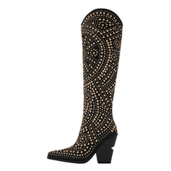 Tuhoomall Western Style Mid Calf Cowboy Boots with Chunky Heel, Pointed Toe, Zipper Closure, Studded Design, Vegan Leather, Ideal for Spring, Fall & Winter