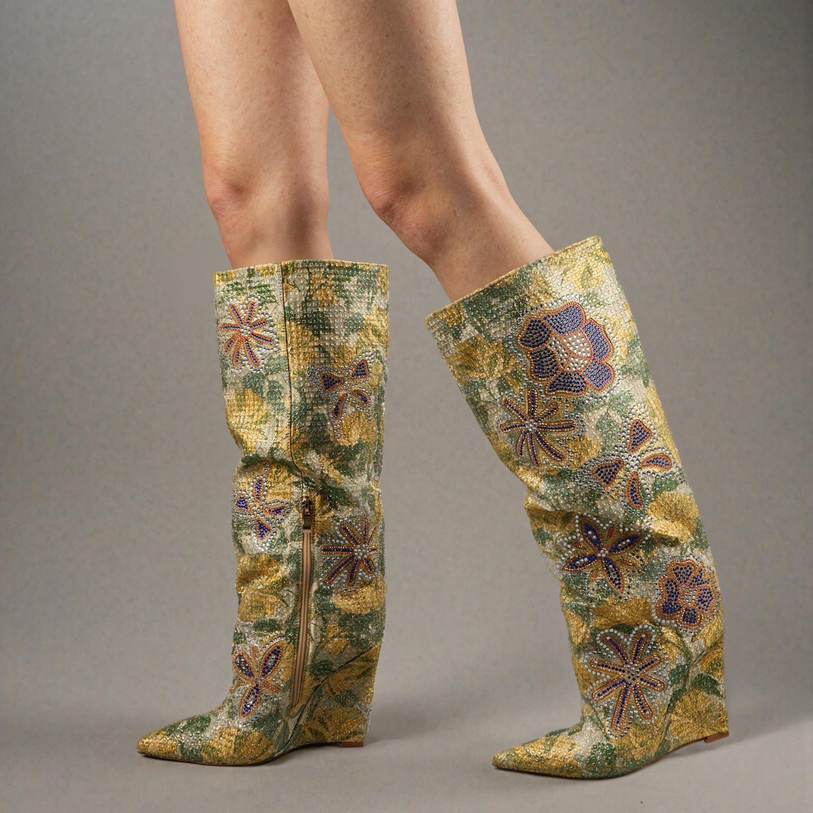 Tuhoomall Over-The-Knee Western Style Boots For Women, Comfortable Floral Design, Perfect For Parties And Casual Outfits