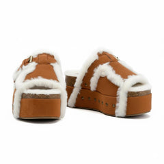 Tuhoomall Blue Faux Suede Fur-Lined Studs Double Buckle Strap Round Platform Cork Sandals Slippers