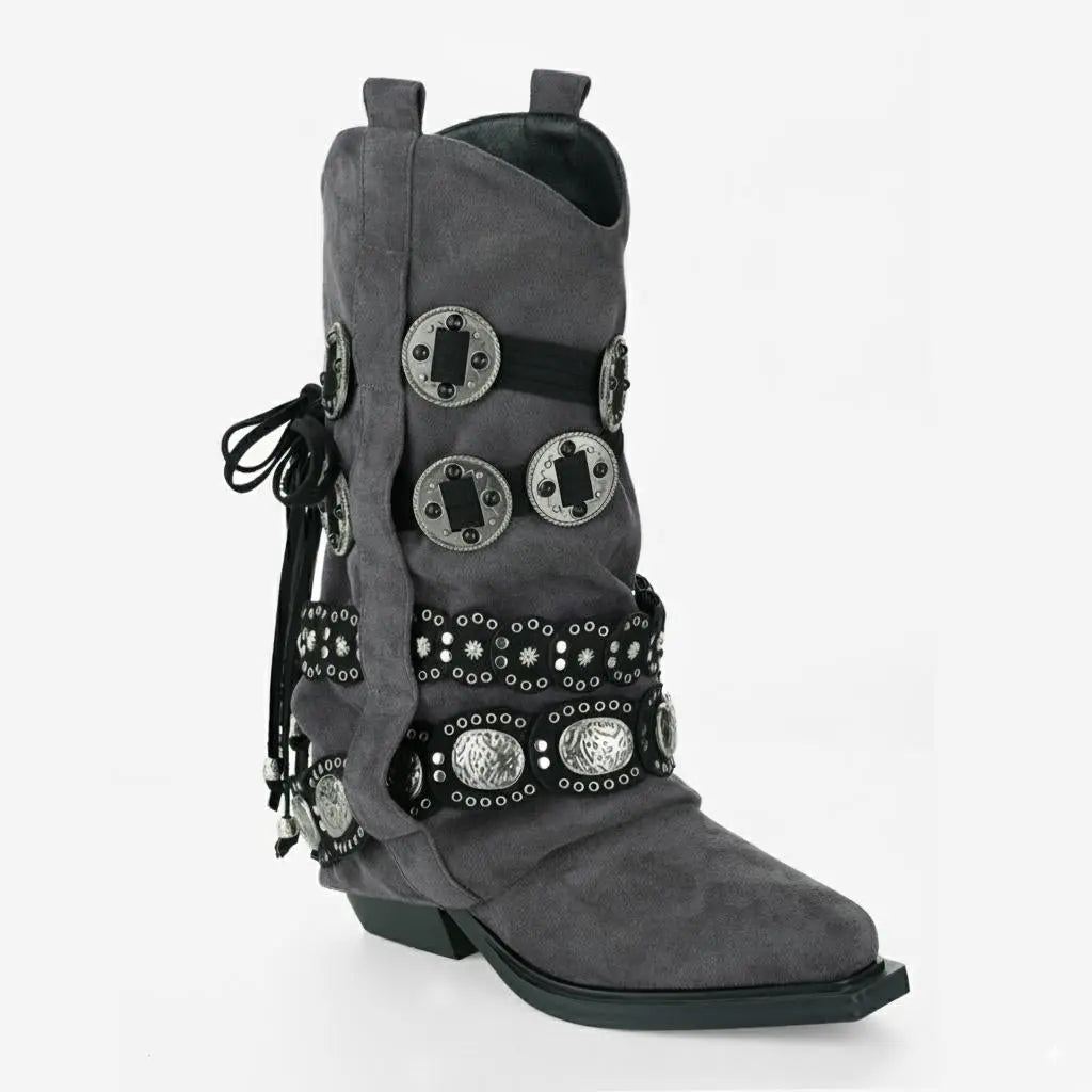 Tuhoomall Western Cowboy Boots for Women, Mid-Calf Pointed Toe, Chunky Heel Slip-On, Stylish Faux Suede with Hardware Accents, Ideal for All Seasons Tuhoomall