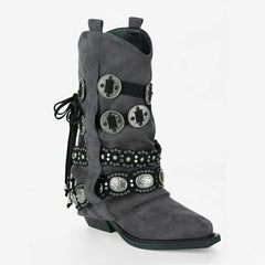 Tuhoomall Western Cowboy Boots for Women, Mid-Calf Pointed Toe, Chunky Heel Slip-On, Stylish Faux Suede with Hardware Accents, Ideal for All Seasons Tuhoomall