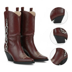 Tuhoomall Western Cowboy Ankle Boots For Women, Fashionable Chunky Heeled Mid-Calf Boots With Metal Buckle, Casual All-Season Style Tuhoomall