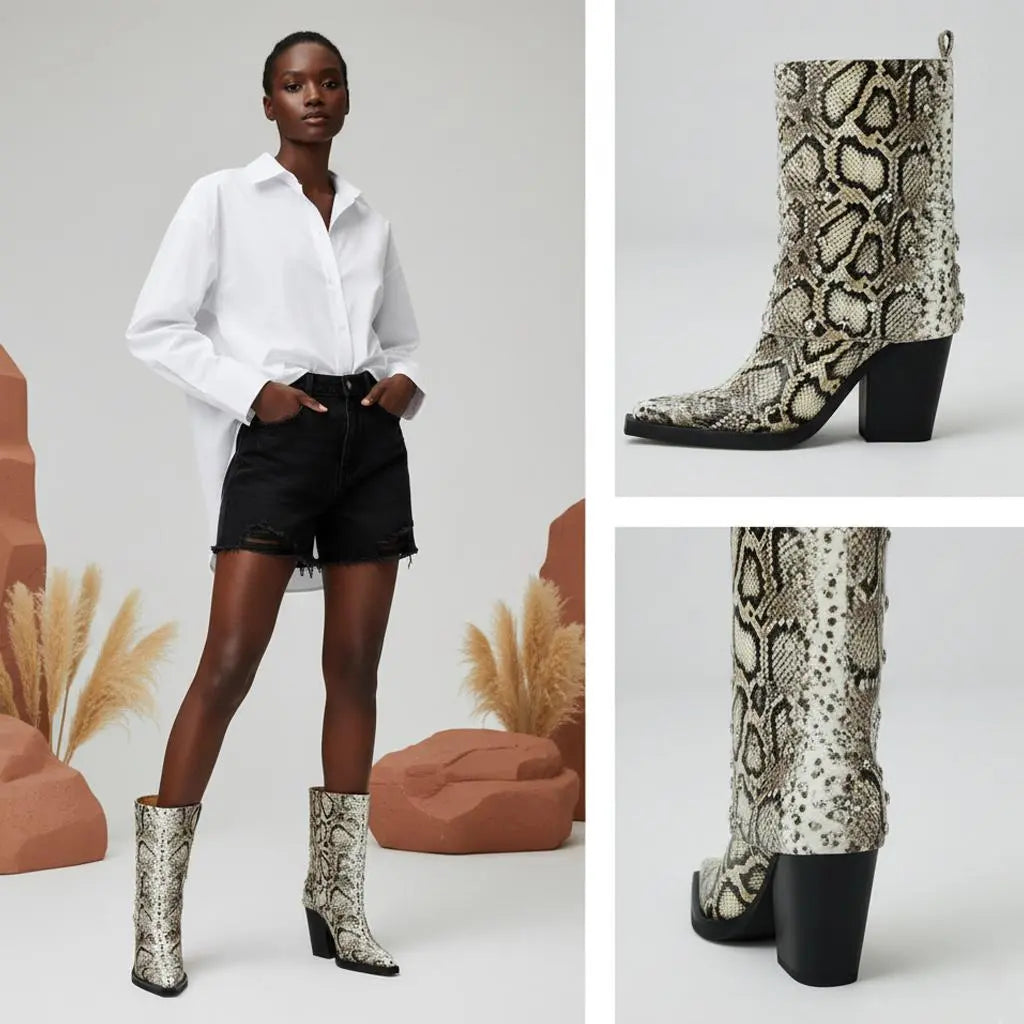 Tuhoomall Desert Style Chunky Heeled Western Ankle Boots with Animal Print and Rhinestone Embellishments for Fashionable Casual Wear Tuhoomall