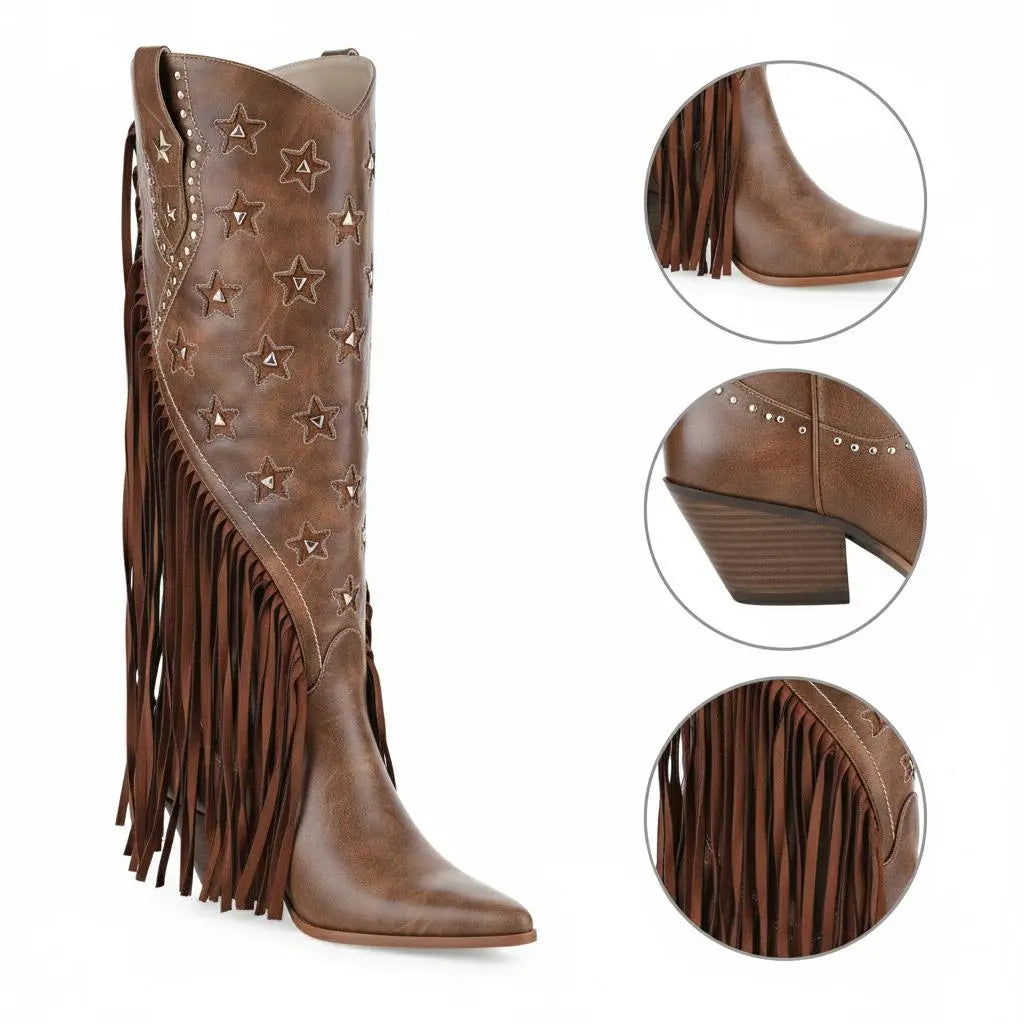 Tuhoomall Western Cowboy Knee-High Boot for Women, Comfortable Chunky Heel with Fringe, Star and Studded Design - Perfect for Fashion and Outdoor Events Tuhoomall