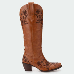 Tuhoomall Floral Studded Slip-On Cowboy Boots with Chunky Heel - Rubber Sole, All-Season Versatile Design for Casual and Formal Wear