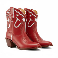 Tuhoomall Fashion Casual Chunky Heel Ankle Booties with Embroidered Hearts, Slip-On Design for All Seasons