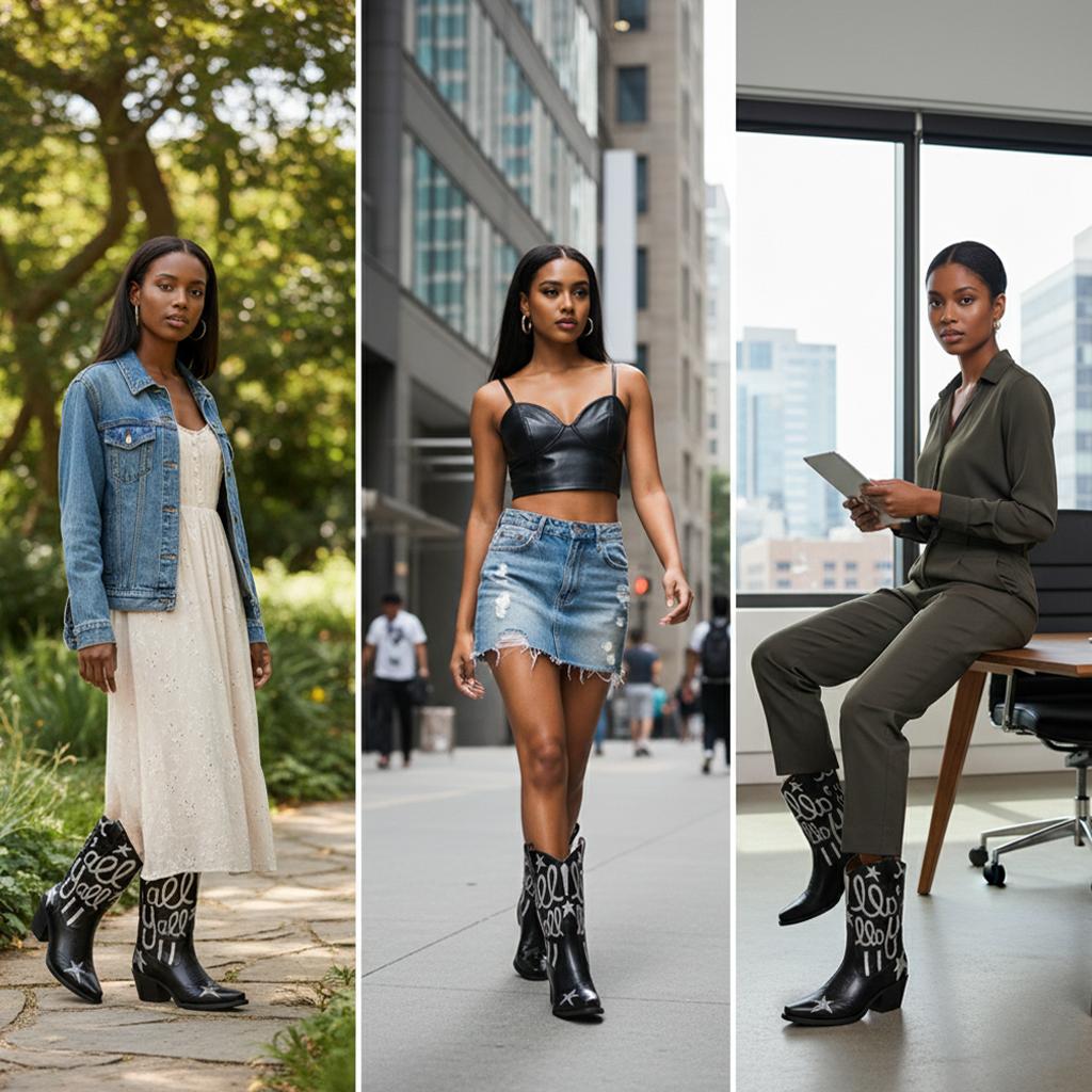 Tuhoomall Comfortable Western Boots for Fashion Parties and Daily Wear with Star and Letter Embroidery, Chunky Heel, Slip-On Design Tuhoomall