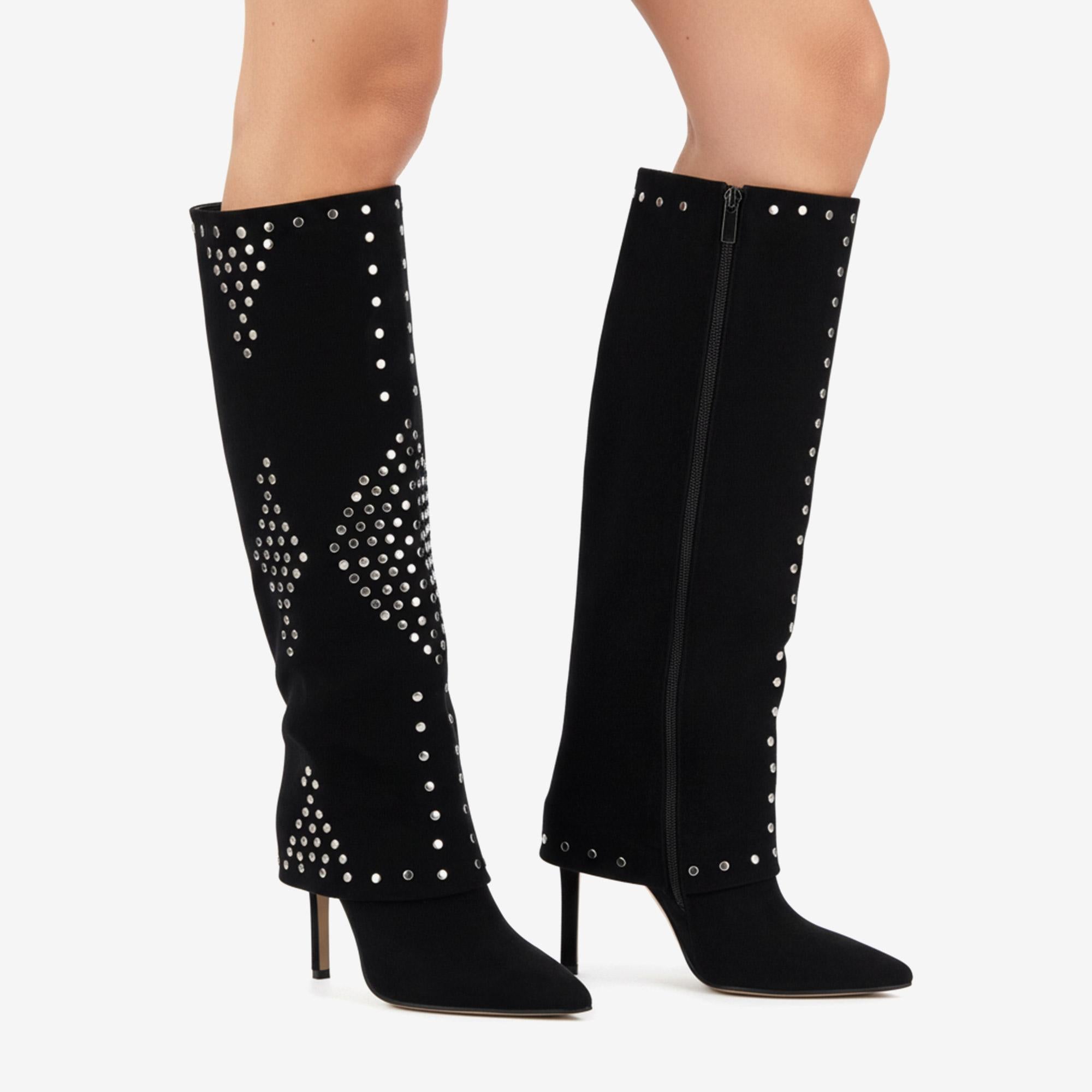 Tuhoomall Stylish Over-The-Knee Foldable Boots with Stiletto Heels and Studded Design for Parties and Casual Outings